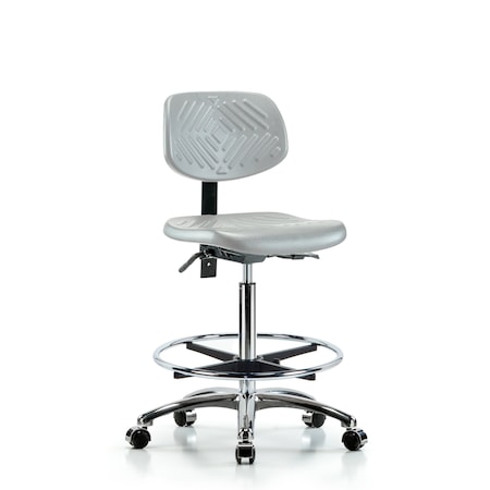 Blue Ridge Ergonomics Poly Chair Chrome - High Bench Height with Seat Tilt, Chrome Foot Ring, & Casters in Gray Poly PHBCH-CR-T1-A0-CF-CC-GRY