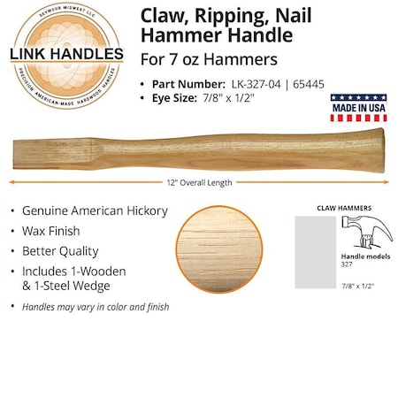 Link Handles 65447 Hatchet Handle, 12 in L, Wood, For 7 oz Hammers 65445
