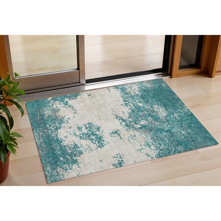 Homeroots 3' X 5' Teal Blue Ivory And Gray Abstract Washable Indoor Outdoor Area Rug 599520