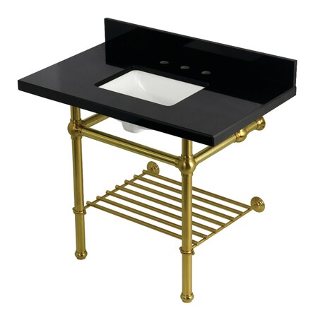 Kingston Brass 36-Inch Black Granite Console Sink with Brass Legs and Shelf, 8-Inch, 3-Hole KVPK3630KBSQB7