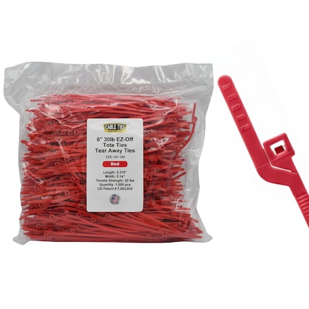 Cable Ties Unlimited Easy-Off Tote Cable Tie, 6 in L, 30 lb Strength, 1.4 in Max Bundle Dia, Nylon 6/6, Red, 1000PK EZ6-30-2M