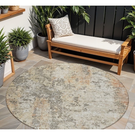 Homeroots 8' Terra Cotta Beige And Dark Gray Round Abstract Washable Indoor Outdoor Area Rug 605526