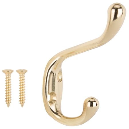Prosource Coat and Hat Hook, 22 lb, 2-Hook, 1-1/64 in Opening, Zinc, Polished Brass H6271007PB-PS