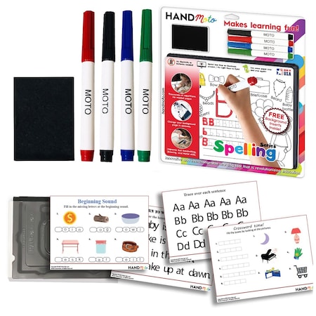 Handmoto Dry-Erase Learning Board, 4 Markers, 10 Activity Sheets - Spelling Series SP-MO-1