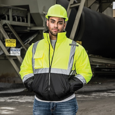 Game Workwear Men's Hi-Vis Bomber Jacket, 100% Polyester 300 Denier Oxford, Hi Vis Lime, 2XL 1320E