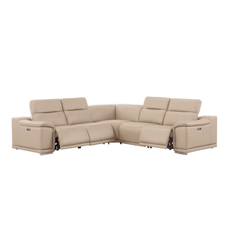 Homeroots Beige Leather Power Reclining L Shaped Five Piece Corner Sectional 643947