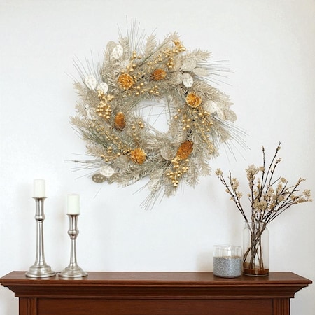 Homeroots 24" Gold And Silver Christmas Eucalyptus And Mixed Assortment Artificial Wreath 634630