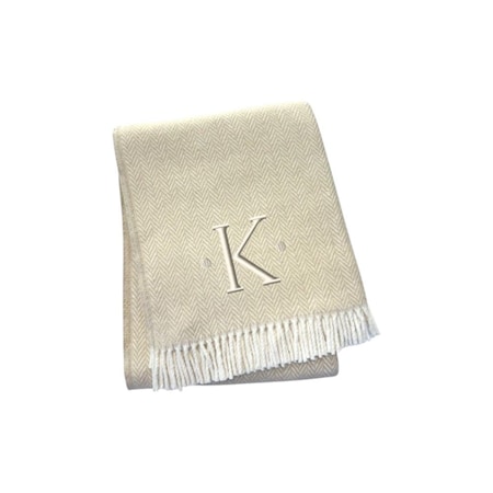 Homeroots 55" X 70" Linen White Herringbone Cotton Blend K Initial Throw Blanket with Tassels Embroidery 680606