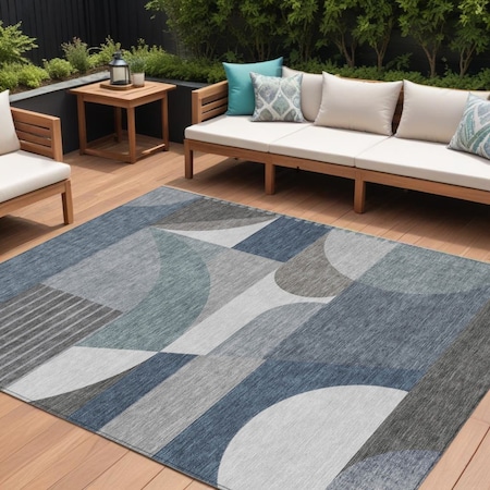 Homeroots 10' X 14' Gray Blue And Ivory Geometric Washable Indoor Outdoor Area Rug 616729