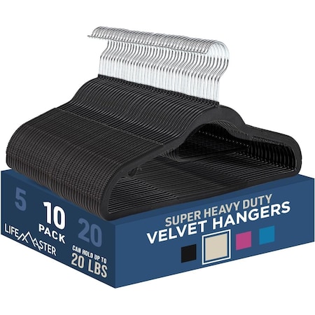 Lifemaster Velvet Hangers, Swivel Hook, Non-Slip, Heavy Duty, Holds 10 lbs, Black, 10PK LMVEL10