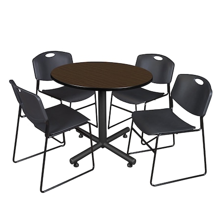 Regency Round Kobe Breakroom Table W/ 4 Zeng Stack Chairs, 36 in W, 36 in L, Neo Walnut TKB36RNDNW44BK