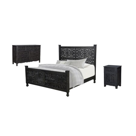 Homeroots Three Piece Black Solid Wood Bedroom Set 636279