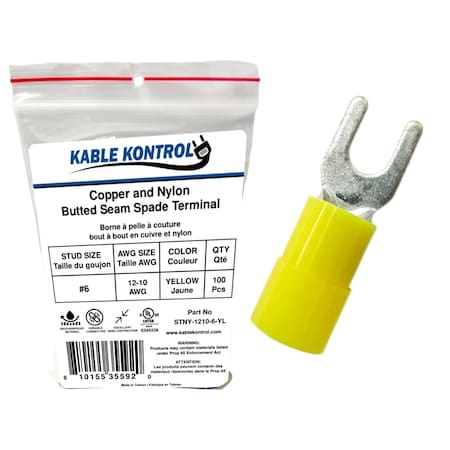 Kable Kontrol Copper and Nylon Butted Seam Spade Terminal, 12-10 AWG, Stud Size # 6, Yellow, 100 Pcs, 100PK STNY-1210-6-YL