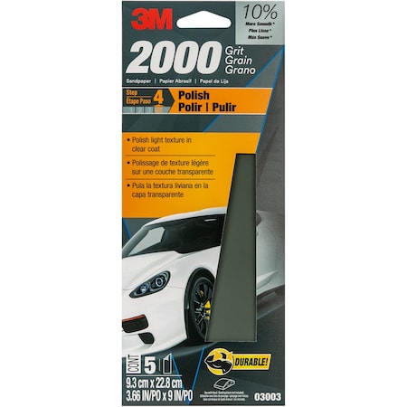 3M Wetordry Sandpaper 03003, 3-2/3 in x 9 in, 2000 Grit, 5/Pack, 20PK 3003