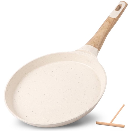 Nutrichef 9.45 in Non-Stick Crepe Pan with Wooden Spreader, Durable Marble Coated Dosa Pan, Bakelite Handle NCMKCP0024WT