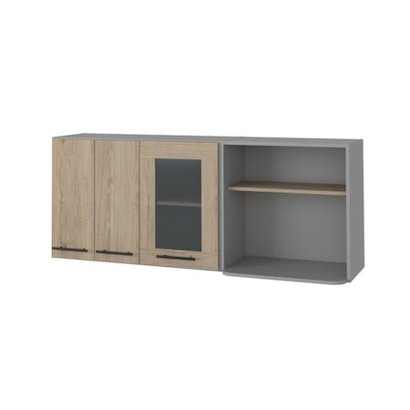 Homeroots 24in Gray and Natural Wood Wall Mounted Accent Cabinet With Three Doors 535000