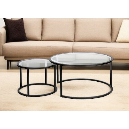 Homeroots Set of Two Black Glass And Steel Round Frame Nested Coffee Tables 520943