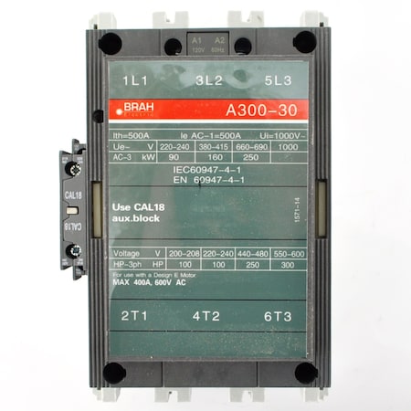 Brah Electric , Replacement 302A 600V 3P with 48VAC Closing Coil for A-Line Contactor A300-30-11-83 BA300-30-11-83