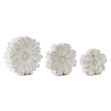 Homeroots Set of Three Distressed White Carved Flowers Tabletop Sculpture, 3PK 518055