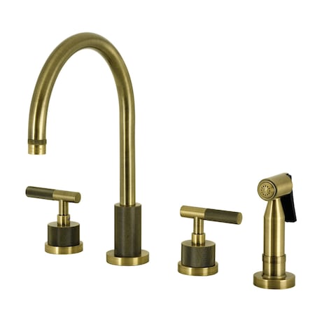 Kingston Brass Double-Handle Widespread Kitchen Faucet with Knurled Handle and Brass Sprayer, Antique Brass KS8723KNLBS
