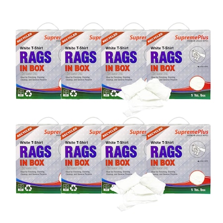 Supremeplus Recycled White Knit T-Shirt Cleaning Rags, 5 lbs. Compressed Boxes- Pack of 8, 8PK SP-7233