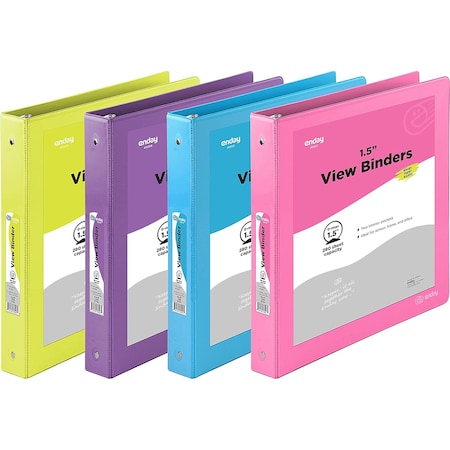 Enday Three-Ring View Binder, O-Ring, Assorted Colors, 1-1/2 Inch, 4PK END-1614-4