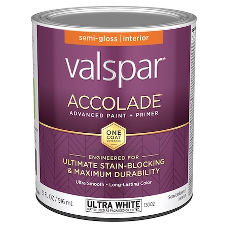 Valspar 1 Qt 13002 Ultra White Base Accolade Interior Paint & Primer, Semi-Gloss 12004
