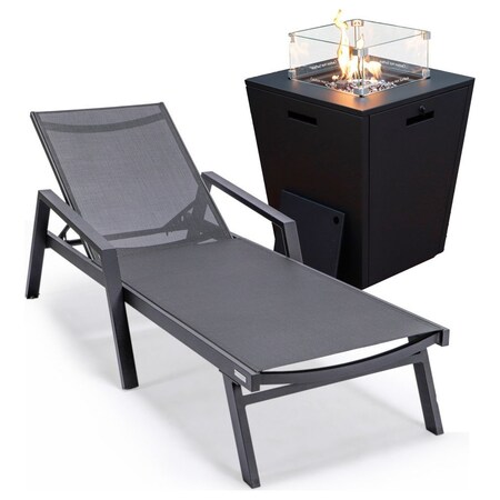 Leisuremod Marlin Black Aluminum Patio Chaise Lounge Chair With Arms & Square Fire Pit Table, Black MLABLCF21-77BL