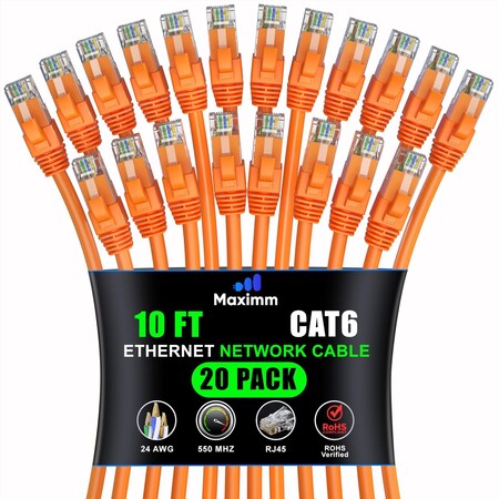 Maximm Cat6 Ethernet Cable 10ft 10Gbps 550MHz UTP, 20PK, Orange, 20PK CAT6CCA-10OR-20PK