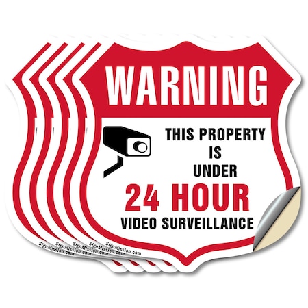 Signmission 24 Hour Surveillance Shield Sign Warning, 4 inch X 4 inch, Vinyl Decal, 5PK SHI-D-5PACK-4-347
