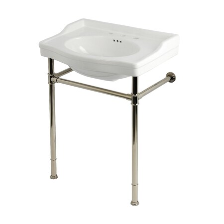 Kingston Brass 30" Ceramic Console Sink with Stainless Steel Legs, 8-Inch, 3-Hole, White/Polished Nickel KVPB30229W86