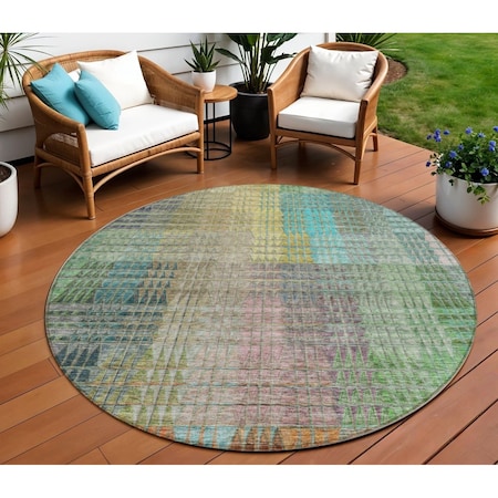 Homeroots 8' Green Gold And Teal Blue Round Abstract Washable Indoor Outdoor Area Rug 588428