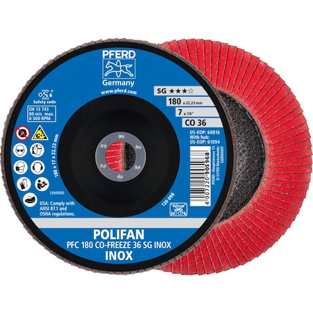 Pferd 7'' x 7/8'' A.H. POLIFAN Flap Disc - CO-FREEZE SG INOX, Ceramic oxide, 36 Grit, Conical 60816