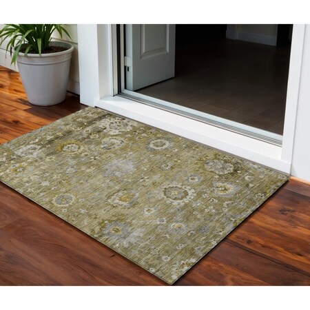 Homeroots 3' X 5' Brown Green And Gray Floral Washable Indoor Outdoor Area Rug 604066