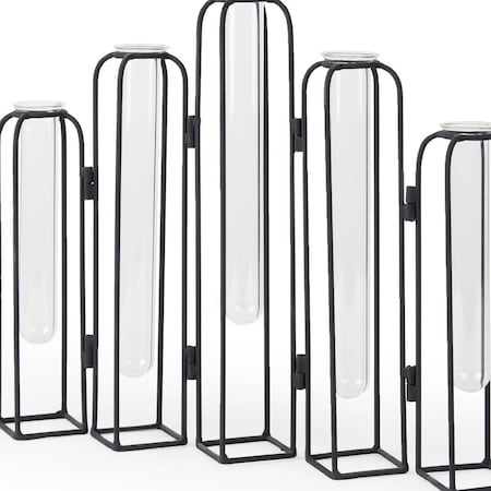 Homeroots 11" Clear And Black Glass And Metal Five Tube Table Vase 608696