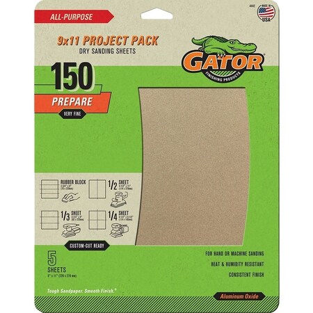 Gator Sanding Sheet, 11 in L, 9 in W, 150 Grit, Fine, Aluminum Oxide Abrasive 4442