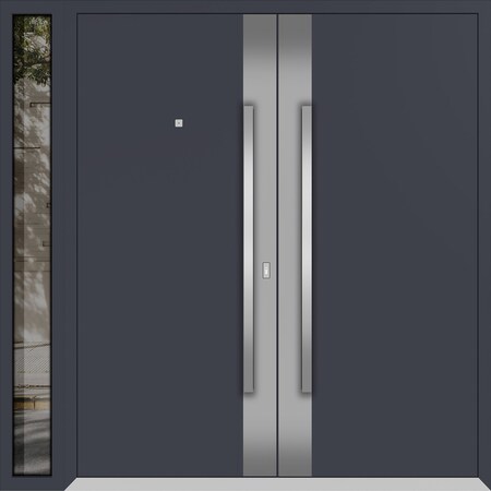 Vdomdoors Metal Double Doors Deux 0729 Gray Graphite Stainless Steel Insert 1 Sidelight Entry Modern Painted DEUX0729DEXD-GRE-W72+14xH96-LH-I
