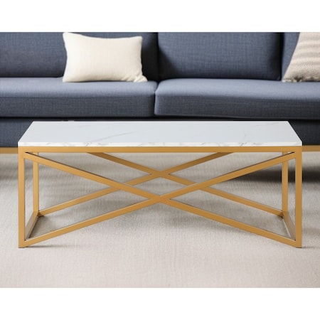 Homeroots 46" Gold Faux Marble And Steel Sled Coffee Table 520938