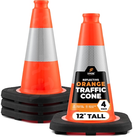 Xpose Safety Traffic Safety Cone, 12 in, PVC, 6 in Reflective Collar, Orange, 4 pk OTC12-4-4-X-S
