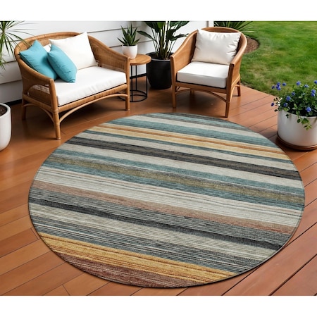 Homeroots 8' Beige Gold And Brown Round Striped Washable Indoor Outdoor Area Rug 618252