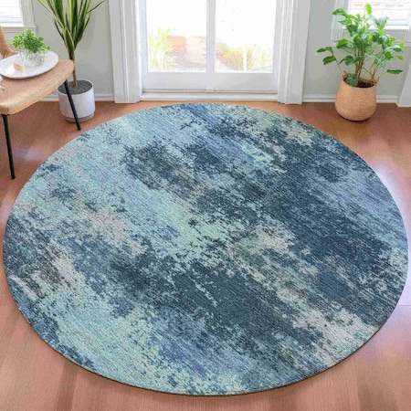 Homeroots 8' Teal Blue And Navy Blue Round Abstract Washable Indoor Outdoor Area Rug 630659