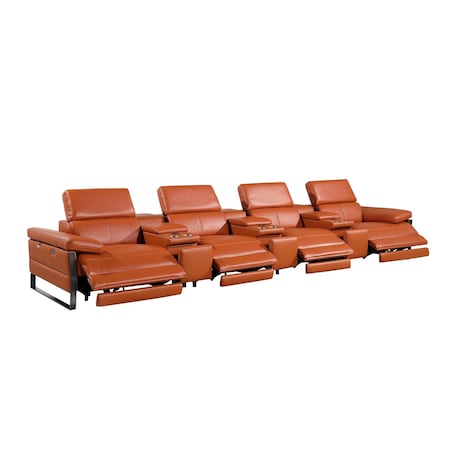 Homeroots 169" Camel Top Grain Leather Reclining Metal USB Sofa 720354