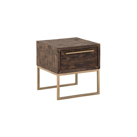 Homeroots 18" Antiqued Brass And Brown Reclaimed Wood End Table With Drawer 524168