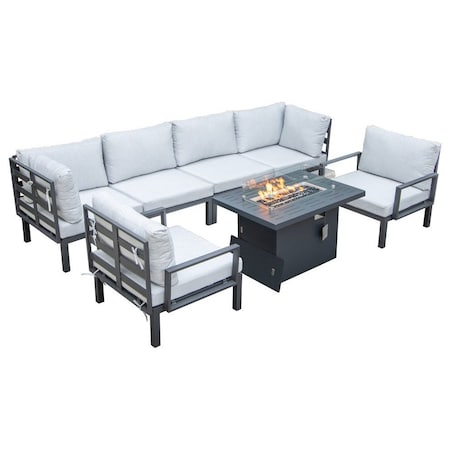 Leisuremod Hamilton 7-Piece Aluminum Patio Conversation Set with Fire Pit Table And Cushions, Light Grey HSFBL-7LGR