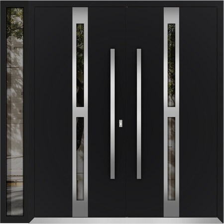 Vdomdoors Metal Double Doors Deux 1755 Black Enamel Opaque Black Glass 1 Sidelight Entry Modern Painted 84x80 DEUX1755DEXD-BLK-W72+12xH80-LH-I