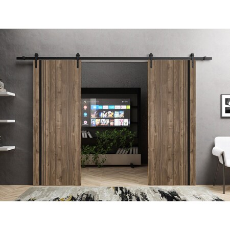 Sartodoors Sliding Double Barn Doors with Hardware, Planum 0011 Walnut and Aluminum Strips, 13FT Rail Hangers PLANUM0011DB-WLN-72