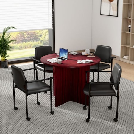 Boss Office Products BOSS 42" Round Table (Mahogany Finish) Set with (4) Chairs with Arms and Casters in Black Vinyl Group127M-D
