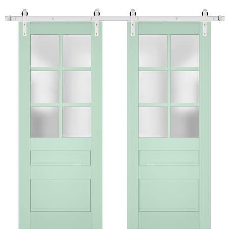 Sartodoors Sturdy Double Barn Door with Frosted Glass 48x96 (2* 24x96) Solid Core Modern Interior VEREGIO7339DB-S-OLI-48 x 96 (2* 24x96)-Silver Rail