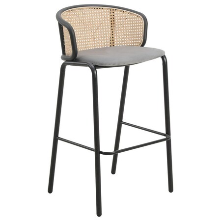 Leisuremod Ervilla Wicker Bar Stool with Fabric Seat and Black Powder Coated Steel Frame, Grey EBBL-31GR