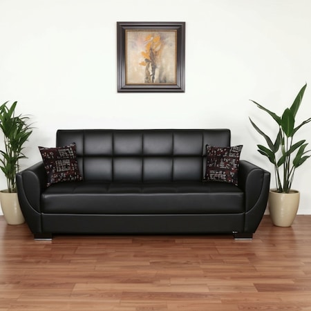 Homeroots 93" Black Faux Leather Convertible Futon Sleeper Sofa And Toss Pillows With Storage 607077